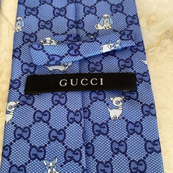 GUCCI Interlocking GG Dog Pattern Blue/Navy 100% Silk Tie - Picture 11 of 14